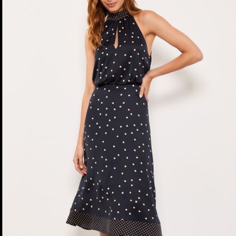 Mint Velvet Spot Print Halter Dress, Navy. Size 14 - Picture 2 of 7